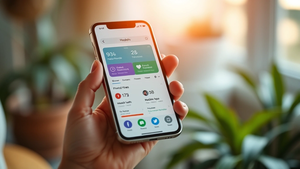 Close-up of hands holding smartphone showing colorful health dashboard with integrated wellness icons, medical records, fitness data, and mental health resources, minimalist clean interface design, warm natural lighting, blurred healthy lifestyle background