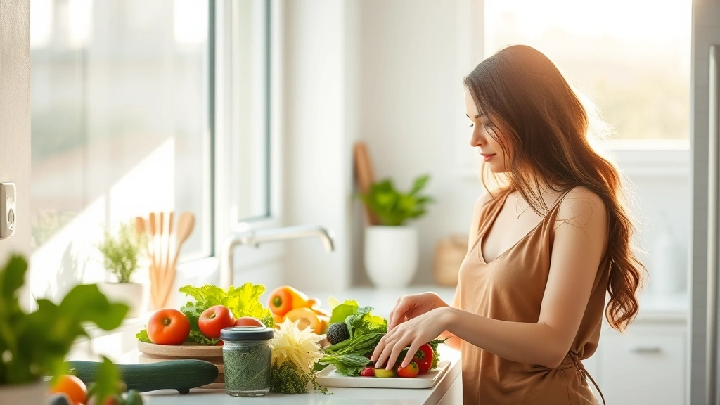 Woman in bright kitchen preparing colorful salad with fresh vegetables, natural sunlight streaming through window, modern minimalist aesthetic, healthy lifestyle vibes