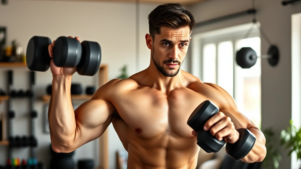 Fit person doing strength training with dumbbells in home gym, focused expression, natural light, diverse body type, energetic movement captured mid-lift