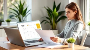 Professional woman sitting at modern home desk reviewing financial documents and laptop screen showing HSA account dashboard, bright natural lighting, contemporary workspace with plants, focused expression analyzing investment options