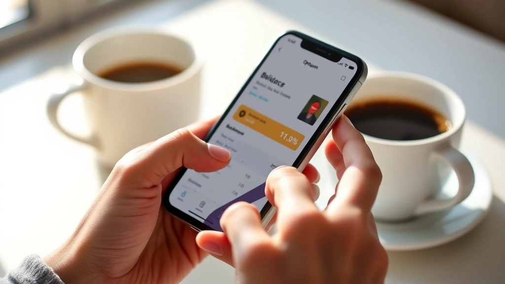 Close-up of hands holding smartphone displaying Optum Bank mobile app interface with HSA balance and transaction history visible, coffee cup nearby, natural daylight streaming through window, modern financial technology visualization