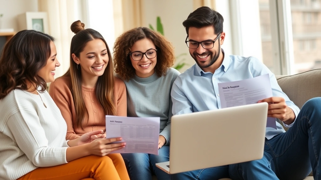 Diverse family of four reviewing healthcare documents together in bright living room, laptop open showing HSA planning calculator, comfortable home setting, genuine interaction demonstrating family healthcare financial planning conversation