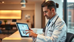 Healthcare professional using tablet at clinic desk with patient medical records displayed, warm modern office lighting, professional attire, focused expression, contemporary healthcare setting