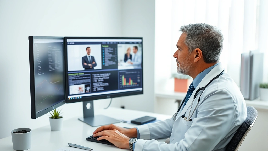 Doctor reviewing patient information on computer monitor in private office, clean minimalist workspace, soft natural lighting, stethoscope visible, concentrated professional demeanor