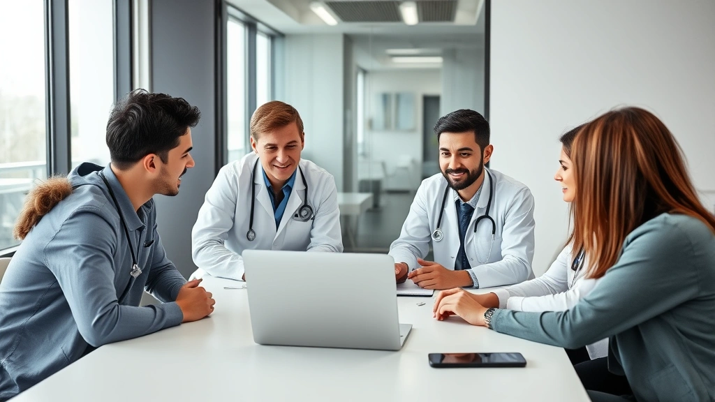 Medical team collaborating around conference table with laptop showing healthcare portal interface, diverse group, modern clinic environment, collaborative discussion, professional atmosphere