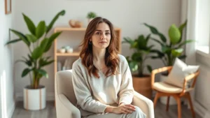 Serene woman sitting in modern therapy office with soft natural lighting, comfortable armchair, plants, and warm neutral tones creating welcoming mental health treatment environment