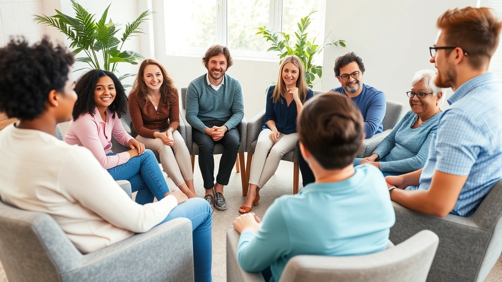 Diverse group of people in supportive group therapy circle, smiling warmly, sitting in comfortable chairs with counselor facilitating discussion in bright, peaceful room