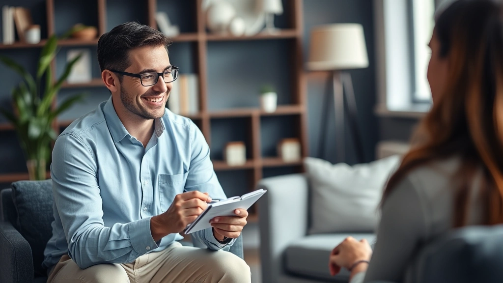 Professional male therapist taking notes during patient session, warm compassionate expression, contemporary office setting with comfortable seating and calming decor