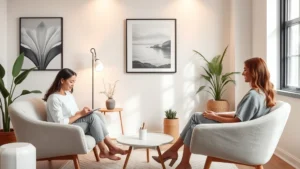 Serene modern therapy office with comfortable seating, soft lighting, calming artwork, and a therapist taking notes during a counseling session with a peaceful client