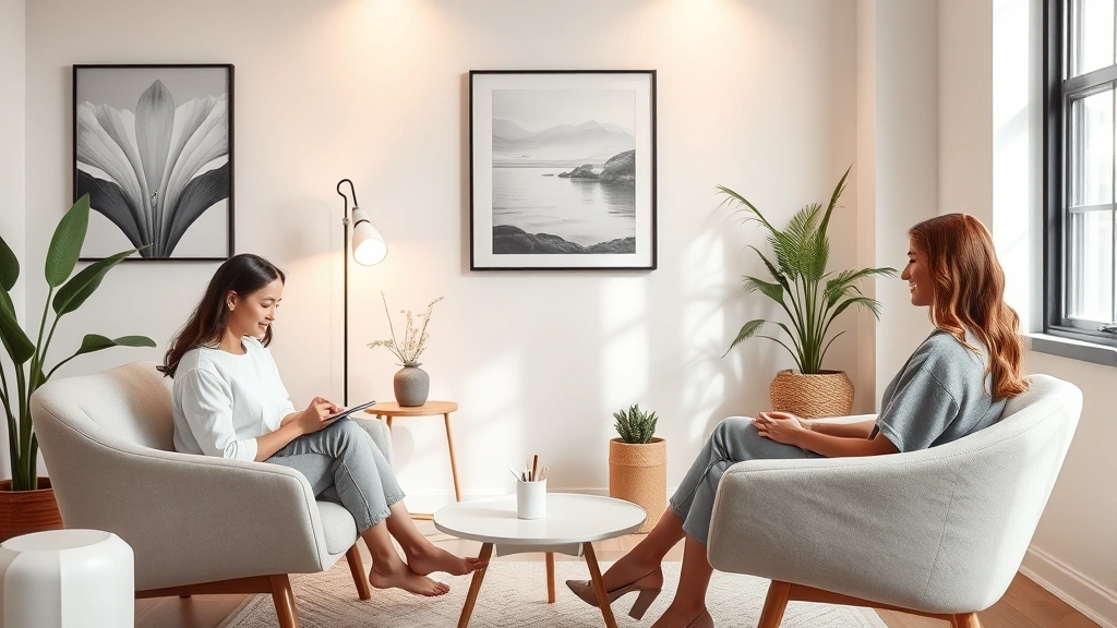 Serene modern therapy office with comfortable seating, soft lighting, calming artwork, and a therapist taking notes during a counseling session with a peaceful client