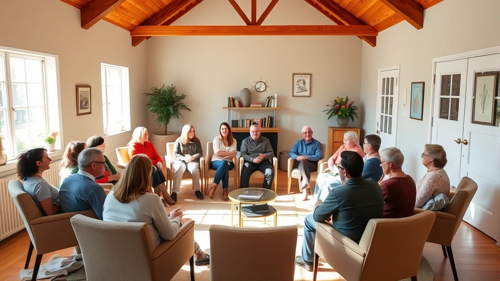 Diverse group of people in a bright, welcoming support group circle sitting on comfortable chairs in a warm community room with natural light streaming through windows