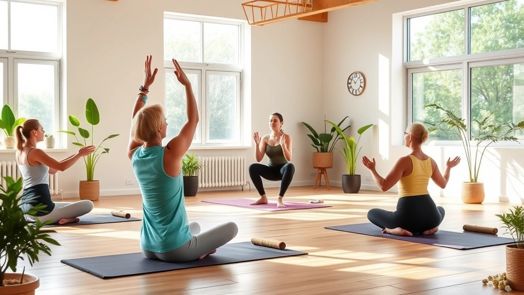 Morning yoga class in a spacious facility with natural light, patients doing gentle poses on yoga mats with a peaceful instructor, plants and peaceful ambiance