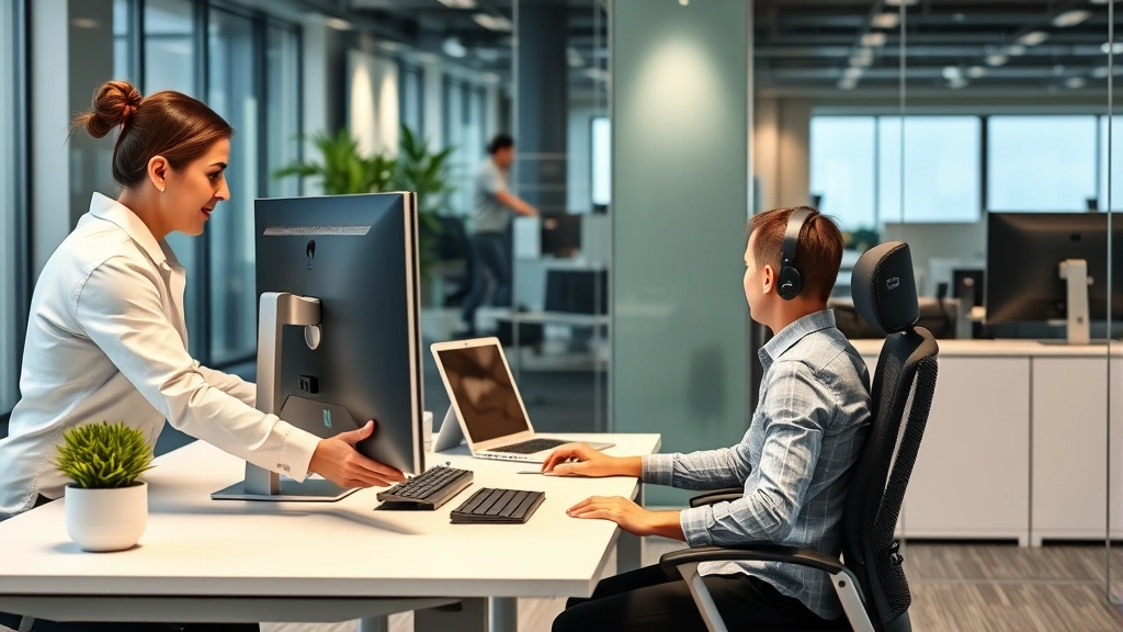 Professional wellness consultant conducting ergonomic assessment at modern office workstation, employee sitting comfortably at optimized desk setup with proper monitor height and posture