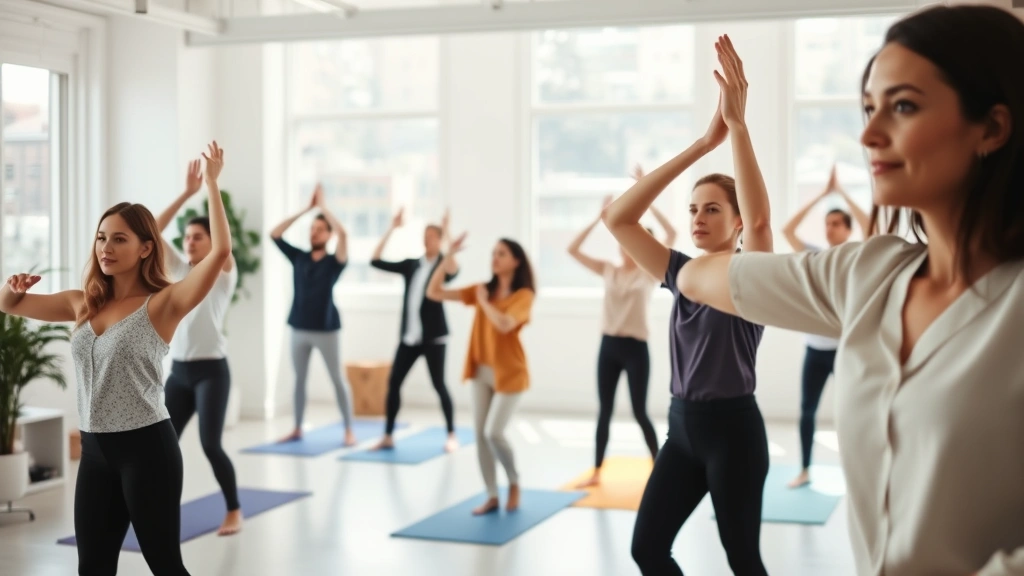 Diverse group of employees in casual business attire participating in guided yoga or stretching session in bright, open workplace wellness studio with natural lighting