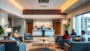 Warm, welcoming healthcare facility reception area with comfortable seating, soft lighting, diverse patients in waiting room checking in at desk, modern but calming interior design, professional staff greeting visitors
