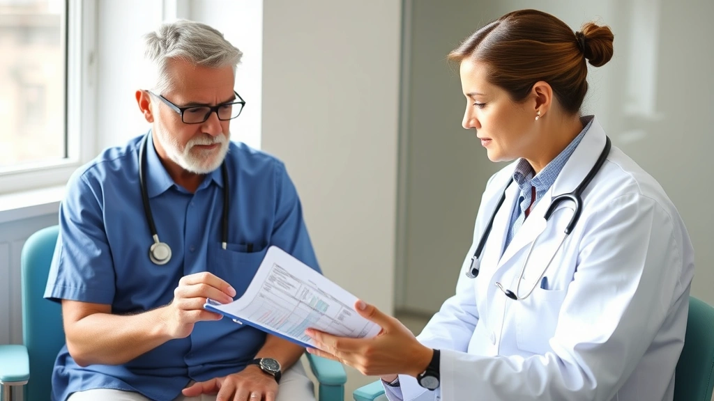 Primary care physician during medical consultation with patient, reviewing health records on tablet, explaining treatment plan, stethoscope visible, bright clinical setting, patient appearing engaged and informed during discussion