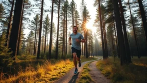Person jogging on scenic forest trail with tall pine trees, golden morning sunlight filtering through branches, peaceful natural environment, athletic wear, happy expression