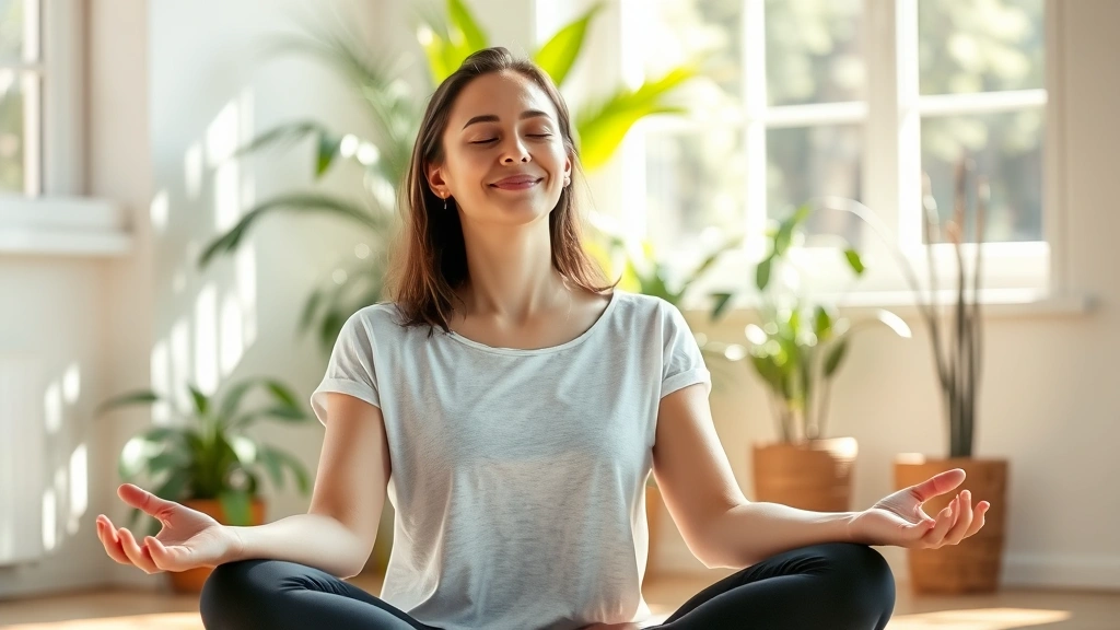 Woman sitting in meditation pose with eyes closed, peaceful expression, natural sunlight, plants in background, calm interior space, mindfulness practice