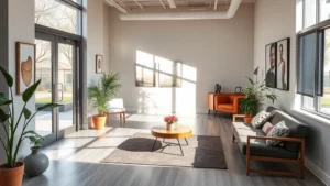 Peaceful modern psychiatric facility waiting room with natural light, comfortable seating, calming artwork, and welcoming atmosphere for mental health patients