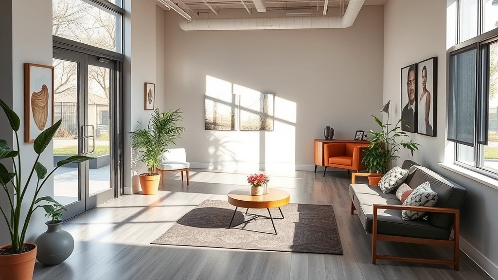 Peaceful modern psychiatric facility waiting room with natural light, comfortable seating, calming artwork, and welcoming atmosphere for mental health patients