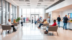 Modern healthcare facility interior with welcoming reception area, natural lighting, comfortable seating, diverse patients and medical staff interacting, clean contemporary design, warm atmosphere