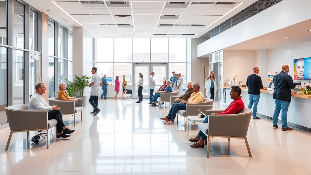 Modern healthcare facility interior with welcoming reception area, natural lighting, comfortable seating, diverse patients and medical staff interacting, clean contemporary design, warm atmosphere