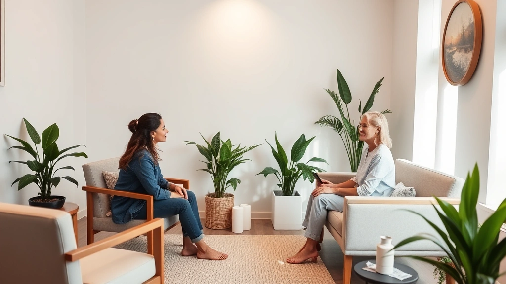 Wellness center therapy room with comfortable seating, peaceful ambiance, caring therapist and patient in consultation, plants and soft lighting, professional yet comforting environment