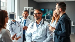 Professional male patient in modern medical clinic receiving comprehensive health assessment from diverse healthcare team, relaxed confident demeanor, bright natural lighting, contemporary wellness center interior with health monitoring equipment visible