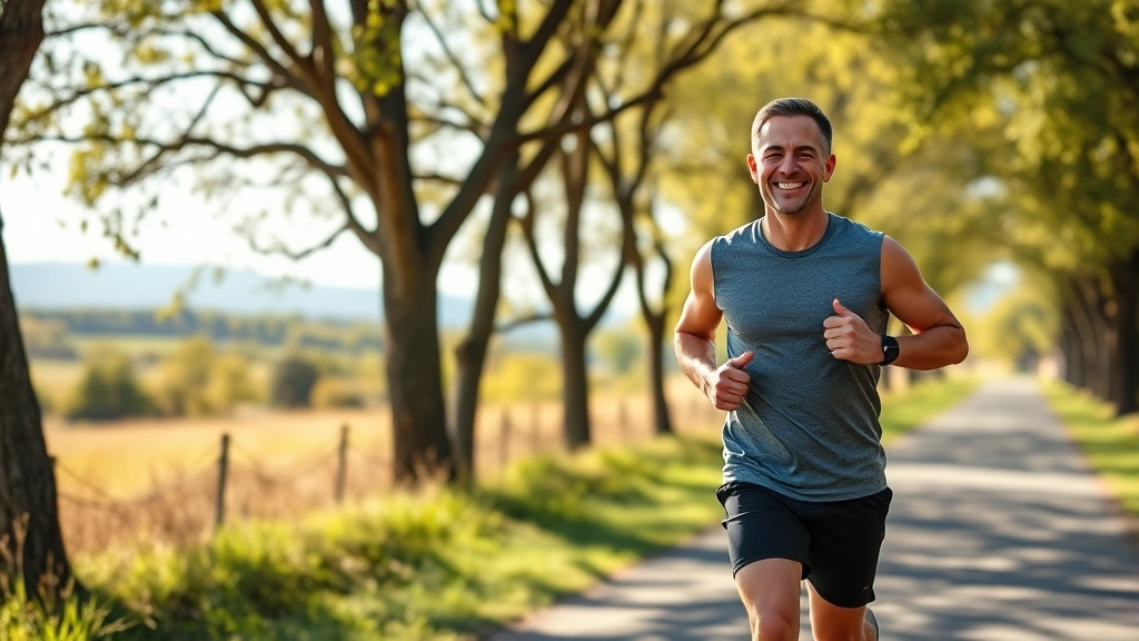 Fit middle-aged man exercising outdoors on sunny morning, running on tree-lined path, athletic build, genuine smile, natural landscape background, representing cardiovascular health and wellness commitment in lifestyle setting