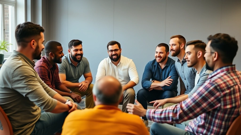 Diverse group of men in supportive wellness circle or community gathering, discussing health goals, positive body language, modern casual setting, representing mental health awareness, social connection, and peer support in men's wellness journey