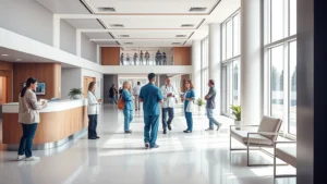 Modern hospital lobby with welcoming reception area, bright natural lighting through large windows, comfortable seating areas, diverse medical staff in scrubs and professional attire greeting patients, contemporary architectural design with clean lines