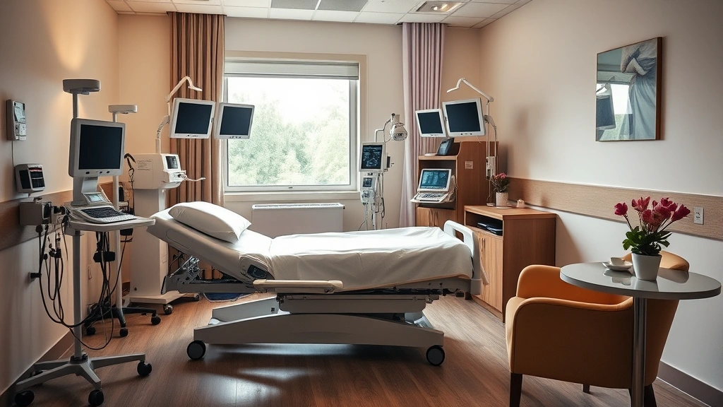 Patient room with adjustable bed, modern medical monitoring equipment, comfortable chair for visitors, warm lighting, window with natural views, fresh flowers on bedside table, peaceful and healing environment