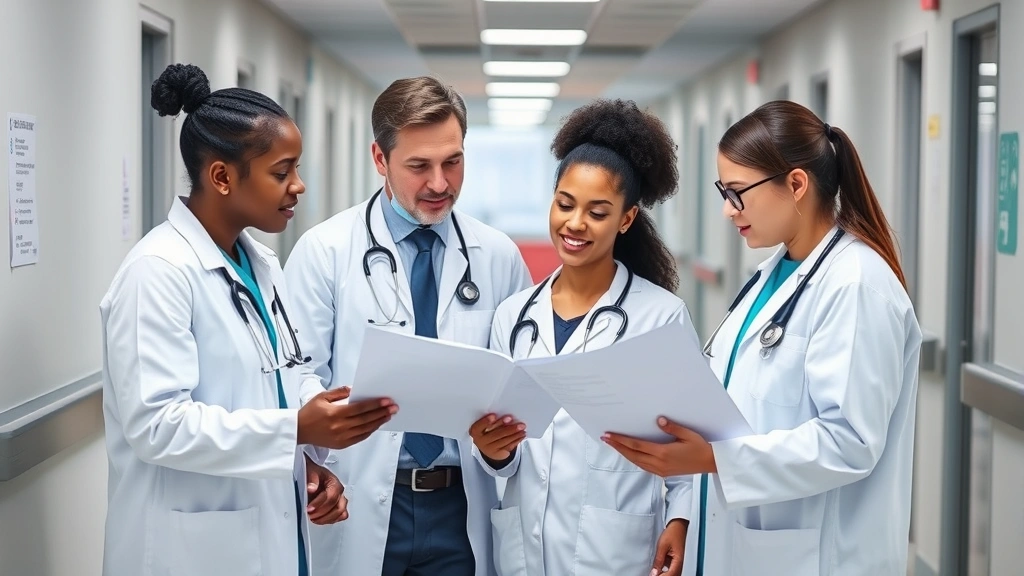 Healthcare professionals in team huddle reviewing patient charts, diverse medical team including doctors and nurses, collaborative discussion, modern hospital corridor in background, professional and caring atmosphere