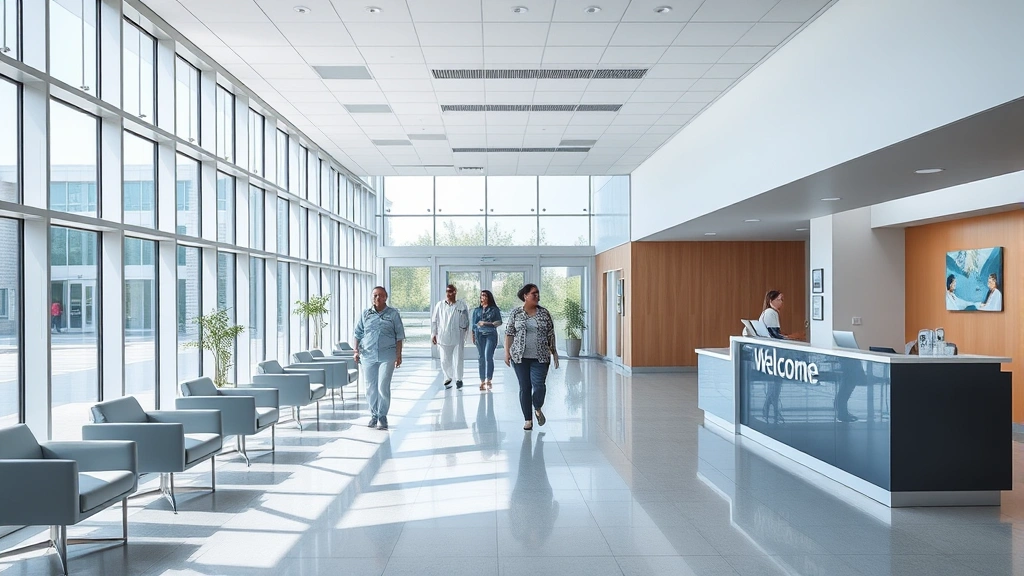 Modern hospital lobby with welcoming reception desk, comfortable seating areas, large windows with natural light, clean contemporary design, patients and visitors walking through bright entrance space
