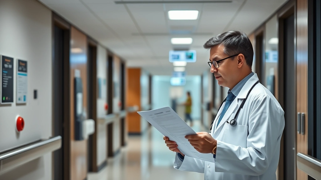 Medical professional in white coat reviewing patient chart in modern hospital corridor, professional healthcare environment, contemporary medical facility interior with advanced technology visible