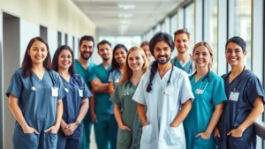 Professional healthcare workers in modern hospital corridor wearing scrubs, smiling confidently, natural lighting from large windows, diverse team composition, contemporary medical facility background