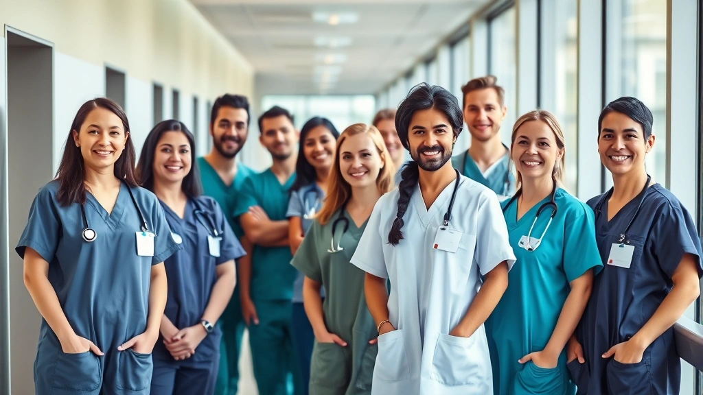 Professional healthcare workers in modern hospital corridor wearing scrubs, smiling confidently, natural lighting from large windows, diverse team composition, contemporary medical facility background