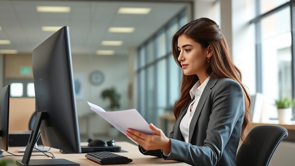 Young professional woman in business attire at computer workstation in modern office, reviewing career development materials, natural daylight, contemporary healthcare administrative setting
