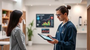 Modern healthcare professional using digital tablet to review patient health data on dashboard, clean medical office with soft lighting and contemporary design, warm professional atmosphere