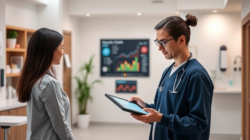 Modern healthcare professional using digital tablet to review patient health data on dashboard, clean medical office with soft lighting and contemporary design, warm professional atmosphere