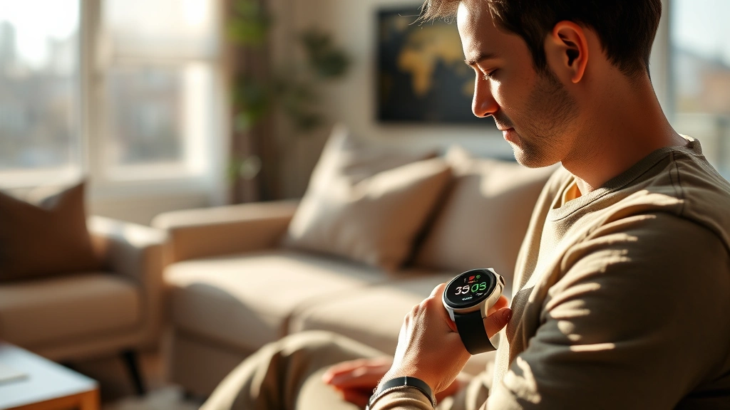 Person checking smartwatch showing health metrics while sitting in comfortable living room, natural sunlight streaming through windows, relaxed wellness moment with technology integration