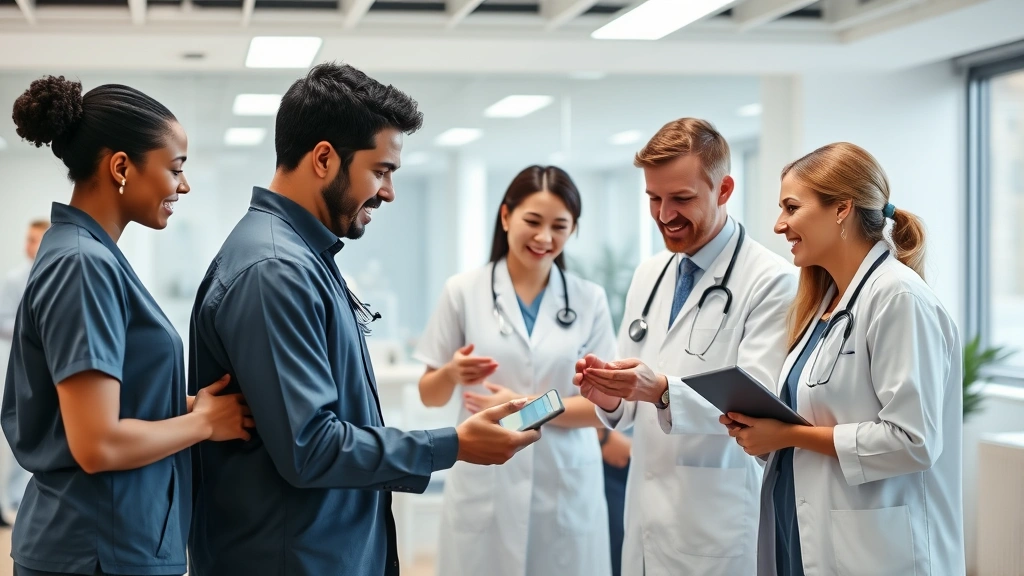 Diverse group of healthcare providers and patients collaborating around digital health platform interface, modern clinic setting with collaborative workspace, trust and partnership demonstrated through body language