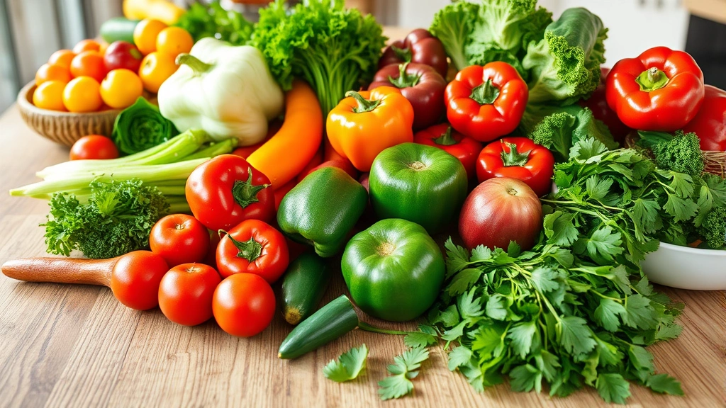 Colorful fresh vegetables and fruits arranged on wooden table, healthy meal prep scene, vibrant greens and reds, natural kitchen lighting