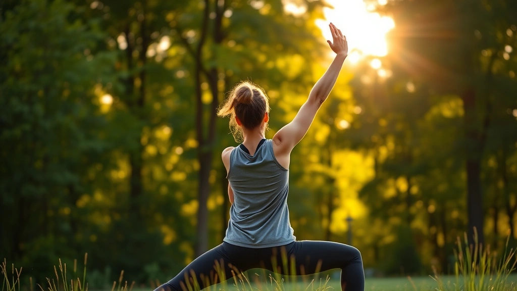 Athletic person stretching outdoors in nature, green trees background, golden hour sunlight, wellness and movement lifestyle imagery