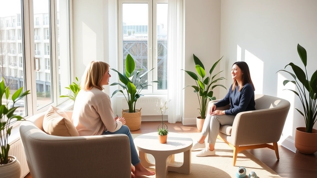Serene modern therapy office with comfortable seating, natural light through large windows, calming neutral tones, minimalist décor, peaceful indoor plant, therapist and client in supportive conversation