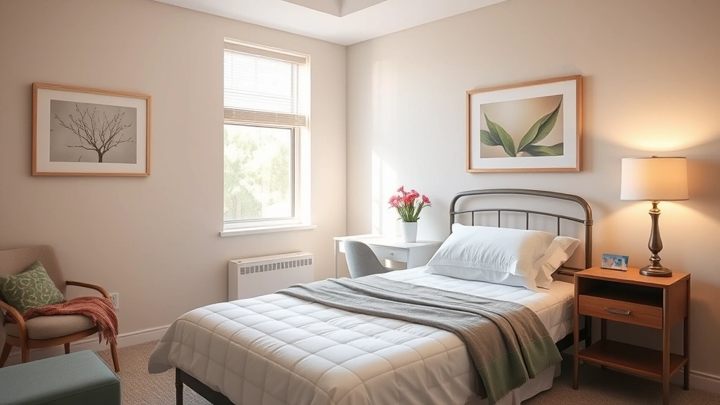 Bright residential bedroom in mental health facility, comfortable bed with quality linens, soft lighting, peaceful artwork, small desk area, welcoming and safe atmosphere promoting restful recovery