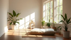 Serene wellness sanctuary with soft natural light streaming through large windows, comfortable meditation cushion, plants, wooden flooring, peaceful atmosphere promoting healing and regeneration