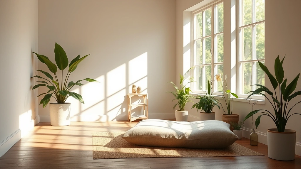 Serene wellness sanctuary with soft natural light streaming through large windows, comfortable meditation cushion, plants, wooden flooring, peaceful atmosphere promoting healing and regeneration