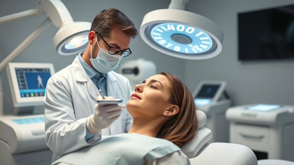 Modern medical professional in white coat using advanced regenerative therapy equipment in clean clinical setting, patient in background receiving treatment with focused calm expression