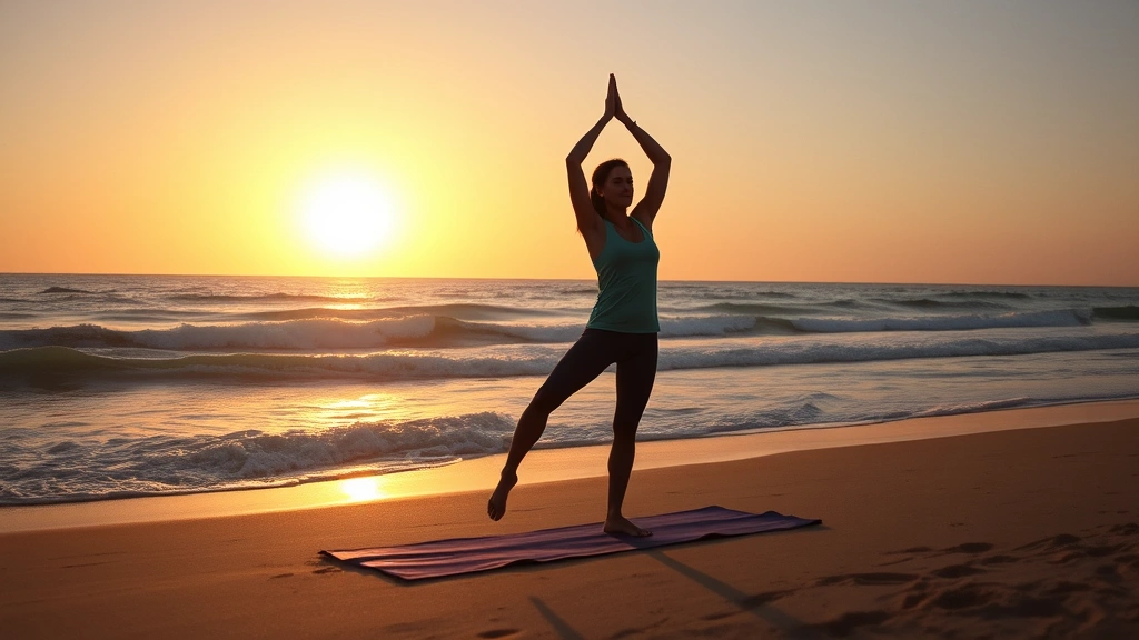 Active healthy lifestyle scene: person doing yoga on beach at sunrise, golden light, ocean backdrop, demonstrating vitality and wellness integration in daily life